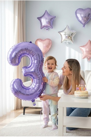 32 İnç Mor Rakam 3 Folyo Balon Çok Renkli