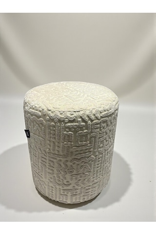 Prime Dokulu Geometrik Desenli Silindir Puff Lüks Dekoratif Oturma Pufu Krem