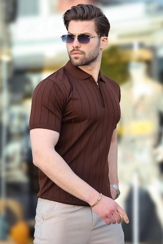Madmext Madmext Kahverengi Polo Yaka Fermuarlı Erkek T-shirt E7298 Kahverengi