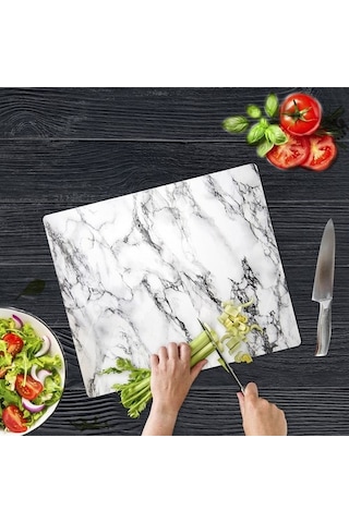 Sabanbaba Dekoratif Cam Kesme Tahtası Beyaz Mermer 30 X 40 Cm C