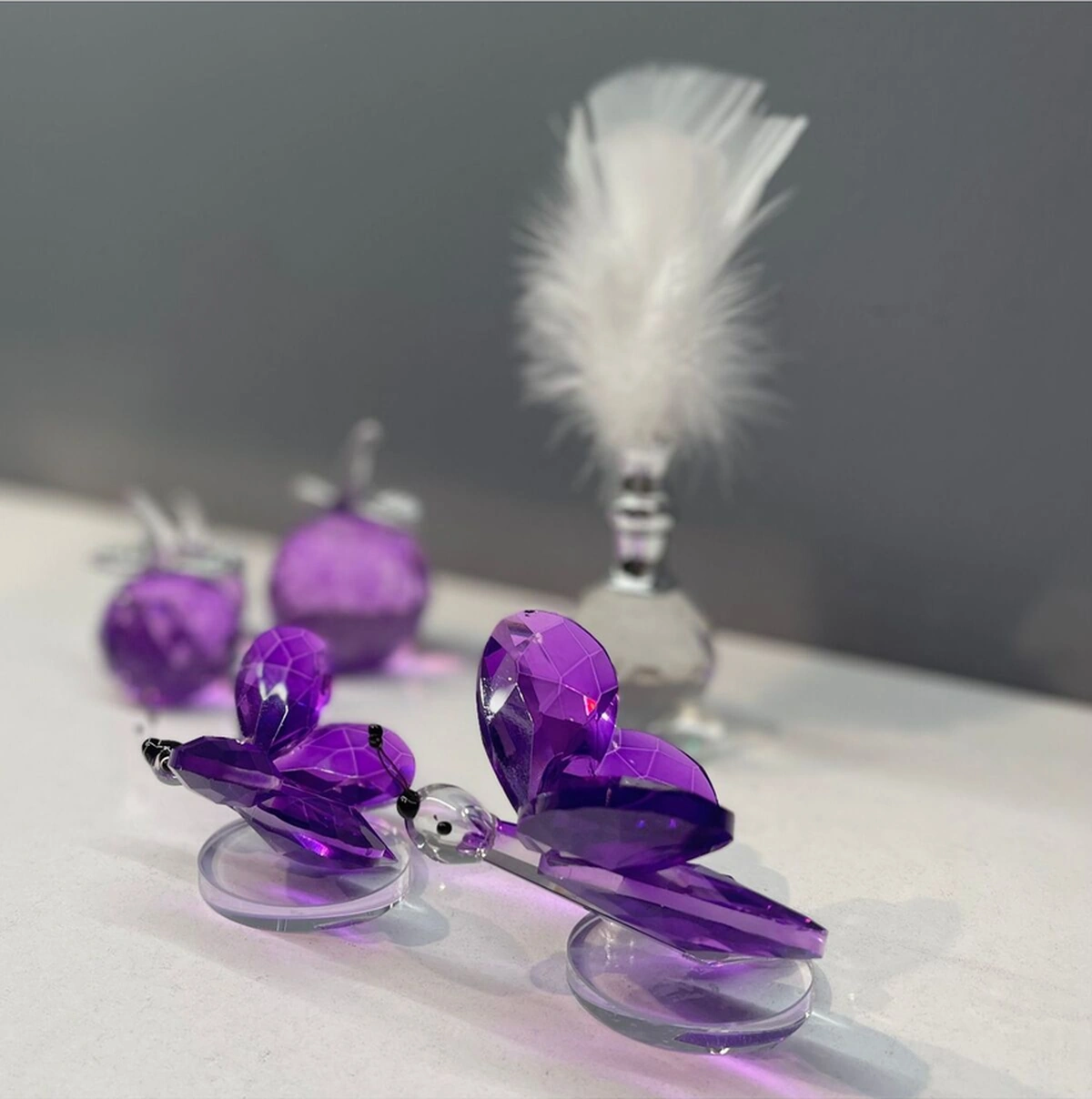Dekoratif Kristal Cam Ikili Kelebek Biblo Mor .