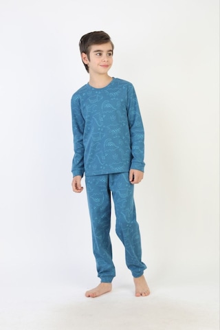 Yumiyumm 8-13 Yaş Erkek Çocuk %100 Pamuklu Fitilli İnterlok Kumaş Dinozor Desenli Pijama Takımı Lacivert