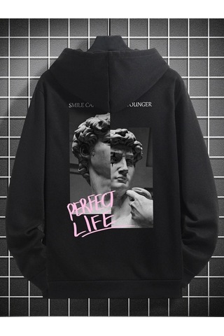 Perfect Life Sweatshirt - Siyah Baskılı Oversize Kapüşonlu Siyah