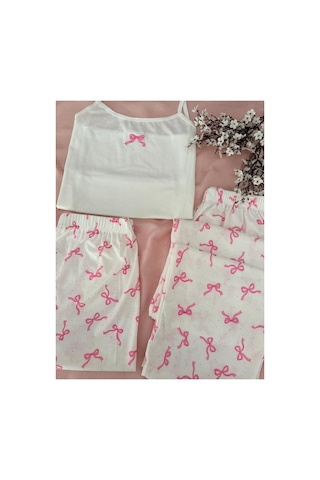 Mh Moony Homewears Pemboli Kurdele 3'lü Yumuşacık Pijama Takımı Ekru Pembe