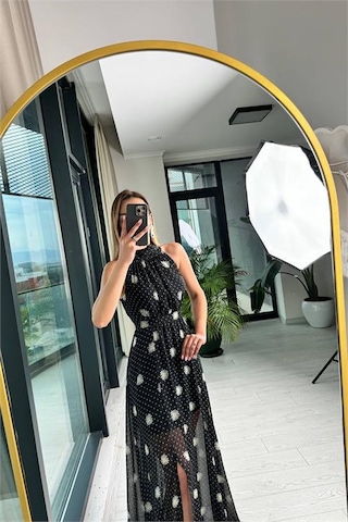 Neşeli Butik Kadın Halter Yaka Astarlı Maxi Şifon Elbise Nbmy3242 Siyah