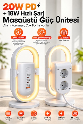 Akım Korumalı Masaüstü Güç Ünitesi 2 Priz, 2 Usb-c + Usb-a, 20w Pd & 18w Qc Hızlı Şarj, Led Ortam Aydınlatmalı 3680w 1.9 M