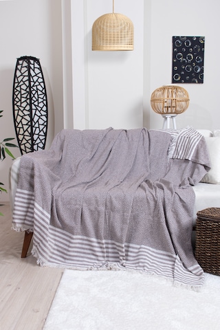 Pamuklu Püsküllü Elmas Desenli Koltuk Örtüsü 170x210 Cm Dekoratif Kanepe, Yatak Ve Tv Örtüsü Kahverengi