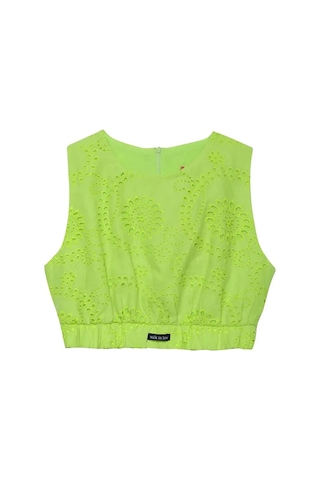 Fashion Cocktail Walk İn Love Geometrik Fistolu Fileli Belden Lastikli Kolsuz Yazlık Spor Crop Bluz Fosfor Neon Yeşil