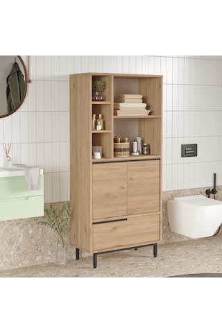 Lidya Banyo Dolabı Çok Amaçlı Dolap 3 Kapaklı Metal Ayaklı Sepet Kahverengi