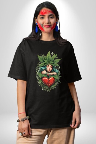 Kalp Parmak Kız Yeşillik Mutluluk Pamuklu Bisiklet Yaka Unisex Oversize Boyfriend Dijital Baskılı Siyah T-shirt Siyah