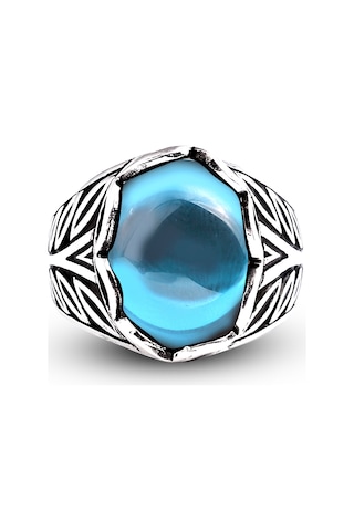 Kuyumcudukkanı Düz Oval Kubbe Kesim Taşlı Gümüş Erkek Yüzük-60007-w-blu 21 Beyaz
