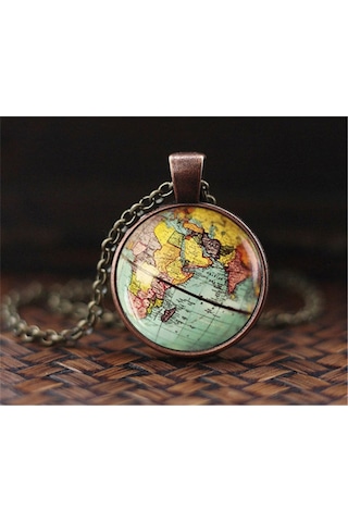Müstesna Jwl Dünya Haritası Kolye Unisex Retro Vintage Dünya Kolyesi Altın