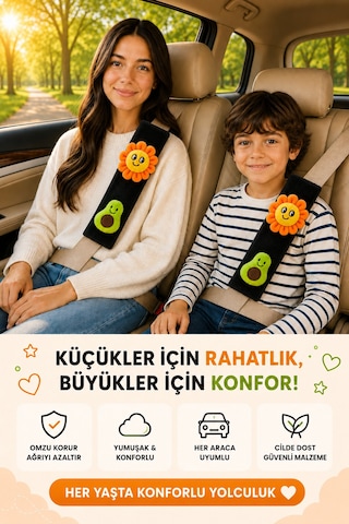 Çiçek Ve Avakadolu Siyah Emniyet Kemeri Aksesuarı - Emniyet Kemeri Kılıfı - Araç Emniyet Kemeri Omuz Koruyucu 1 Adet