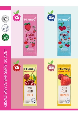 Mixmey Kırmızı Meyve Bar Serisi 20 Adet | Atıştırmalıklar – Vegan, Glutensiz (20GR X 20 ADET)