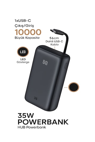 10000mah Lcd Dijital Göstergeli 35w Hızlı Şarjlı Powerbank - 56cm Type-c Kablolu Siyah
