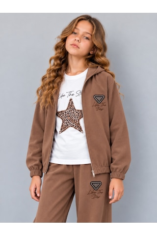 Kokoş Bebe Kız Çocuk Dokuma Viskon 3'lü Takım Leopar Yıldız Detaylı Kapüşonlu Ceket Tişört Bol Paça Pantolon - 5/13 Yaş - 31984 Kahverengi