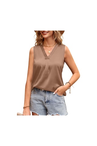 Haki Hnxc Kadın Modası Rahat Yaz Düz Renk Baskı Kolsuz V Yaka Bluzlar Ve Gömlekler