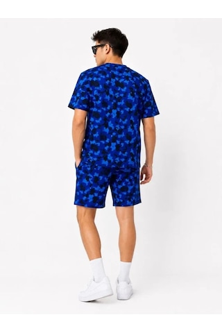 Efnaz Style Erkek Oversize Kalıp Pubg Bape X Shark Nakışlı Cepli Şort Takım - Mavi
