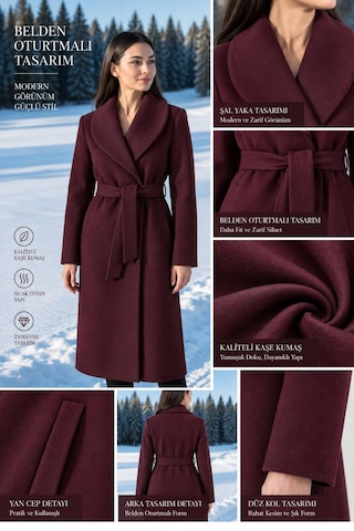 Moda Banuş Kadın Kuşaklı Cepli Yırtmaçlı Astarlı Kaşe Kaban Bordo Bordo