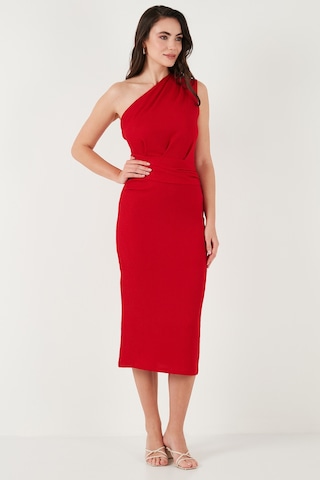 Lela Desenli Slim Fit Midi Boy Tek Omuzlu Bayan Elbise 5866202 Kırmızı