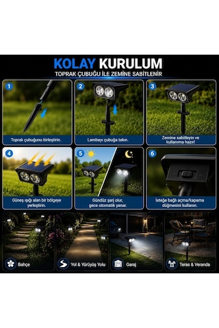 Coverzone Solar Bahçe Lambası 2w Smd Led, Toprak Çubuklu, Güneş Enerjili Bahçe Aydınlatma, 6500k Beyaz Işık, Ka ANTRASİT