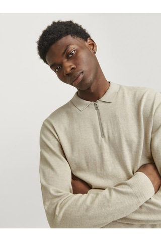 Jack & Jones Jjeemıl Knit Polo Yarım Fermuar Uzun Kollu Erkek Triko Gri