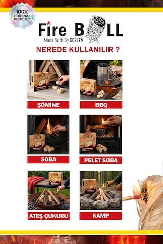 Kohlen Fireball Kibritli Doğal Ateş Başlatma Seti Mangal, Şömine Ve Soba Tutuşturucu