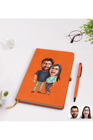 Kişiye Özel Sevgililer Karikatürlü Turuncu Termo Deri Defter Kale N11.2254