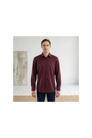 Yusaytr Slim Fit Uzun Kollu Pamuklu Gizli Düğme Yakalı Oxford Gömlek Bordo Bordo