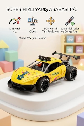 Super Speed Racing 1:20 Ölçekli Şarjlı Uzaktan Kumandalı Araba - 4 Kanallı Yarış Arabası Sarı