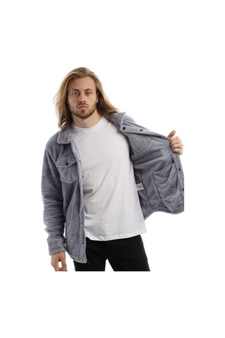 Erkek Çıt Çıt Detaylı Cepli Peluş Ceket Gri-mavi Gri