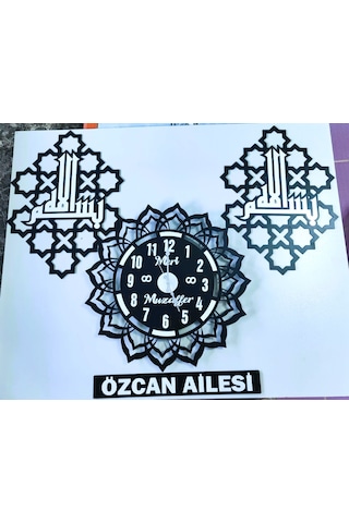 Duvar Saati 3 Lü Set Besmeleli Ve Kişiye Özel Gümüş - Siyah