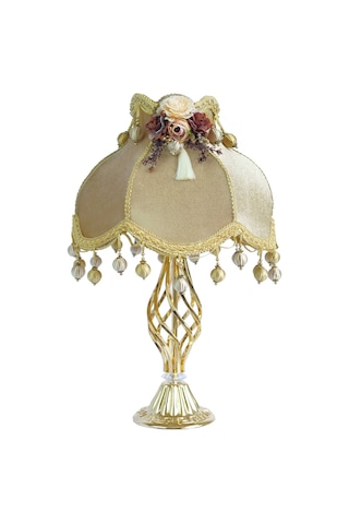 Kadife Kaplı Çiçek Dekorlu Gold Kaplama Vintage Abajur 13798424 Diğer