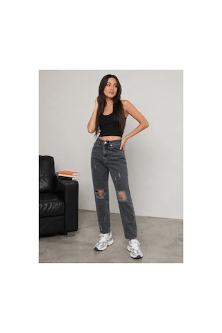 Bluemarlin Yüksek Bel Tam Kalıp Diz Lazer Yırtık Kar Siyah Mom Kot Pantolon Jeans Kar Siyah