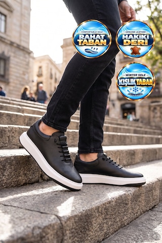 Ayakmod Lastik Bağcıklı Şık Rahat Siyah-beyaz Hakiki Deri Erkek Casual Sneaker Ayakkabı 272304 SİYAH-BEYAZ