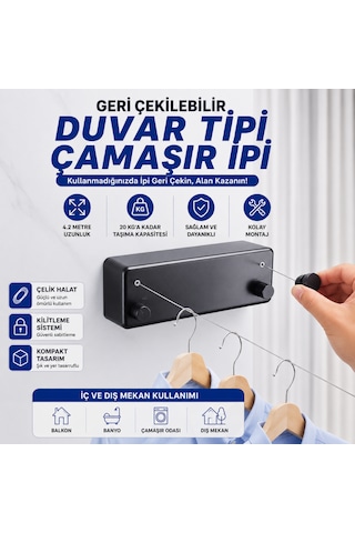 Geri Çekilebilir Çelik Çamaşır Asma İpi 4,2 Metre 20 Kg Çamaşır Kurutma İpi Çamaşır Askılığı siyah