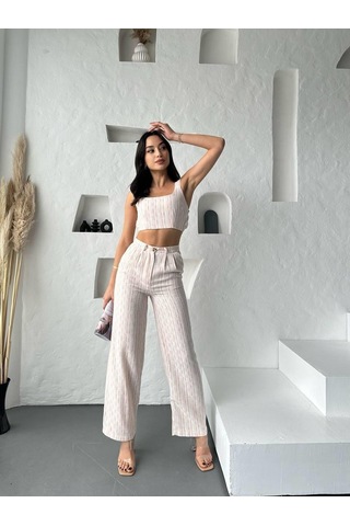 Eke Tekstil Turuncu Çizgili Crop Pantolon Keten Takım-turuncu Turuncu