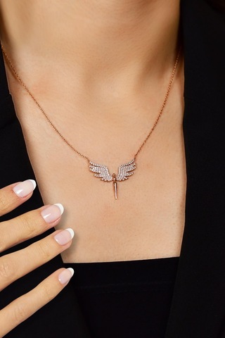 Erdobia Zirkon Taşlı Rose Mikail Kanadı Gümüş Kolye