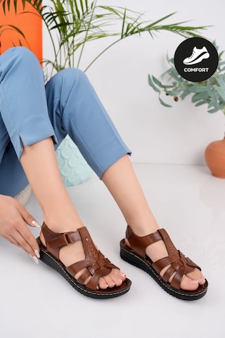 Muggo Soft Kadın Garantili Günlük Ortopedik Kaymaz Taban Comfort Rahat Sandalet Kahverengi