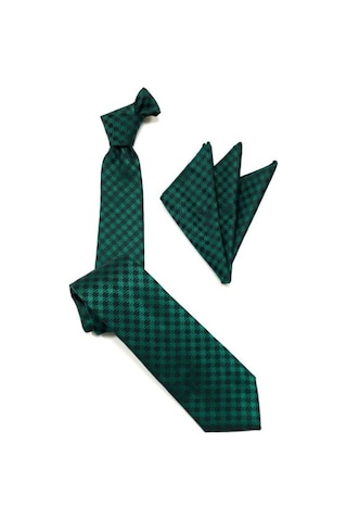 Venchy Yeşil Siyah Kazayağı Desen Mendilli Kravat 4240 - 3Mk Yeşil