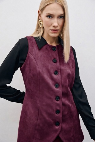 Sateen Düğmeli Uzun Süet Yelek - Mürdüm-135508 Mürdüm