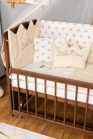 Ahşap Beşik Anne Yanı Beşik Ceviz 60x120 Krem Prens Erkek Uyku Seti Yatak Ceviz