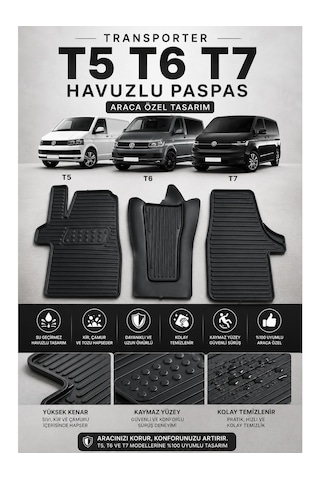 Volkswagen Transporter T5 T6 T7 Havuzlu Oto Paspas 3 Parça Araca Özel Siyah Kaymaz Su Geçirmez