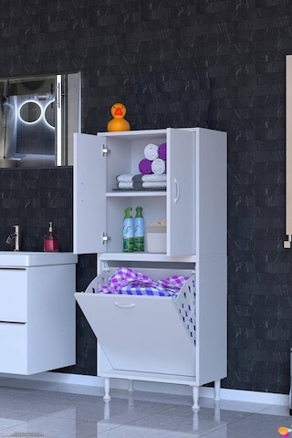 Deniz Kirli Sepetli Ve Kapaklı Raflı, Çok Amaçlı Banyo Dolabı - 65 X 138 X 32,5 Cm 65 Cm