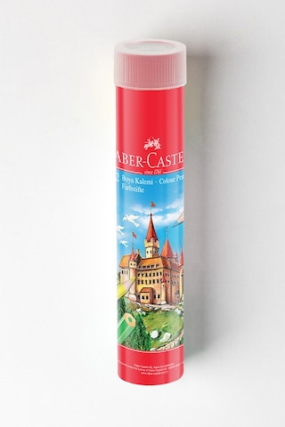 Faber-Castell Kuru Boya Kalemi, Kırmızı Metal Tüp Kutu, 12 Renk, Tam Boy, Kalemtıraş Hediyeli, Yumuşak Mineli