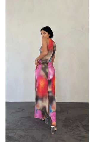 Defymoda Bej Batik Desenli Elbise Bej