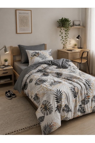 Mystory Home Lastikli Çarşaflı Tek Kişilik Nevresim Takımı Monstera Gri Gri