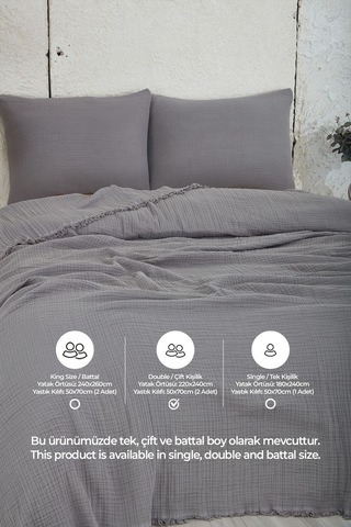 %100 Pamuk Çift Kişilik Müslin Yatak Örtüsü 4 Katlı Yumuşak Battaniye Müslin Pike Takımı 3 Parça Gri Gri