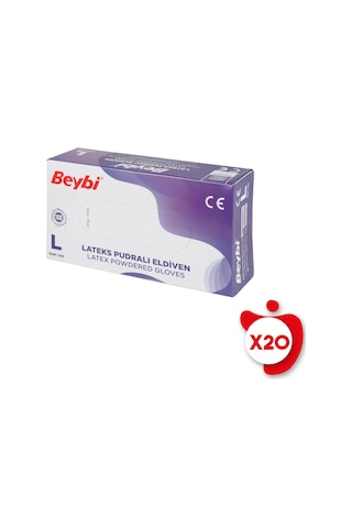 Beybi Pudralı Lateks Eldiven L Beden Beyaz 100'lü 20 Paket Beybi Pudralı Lateks Eldiven L Beden Beyaz 100'lü 20 Paket