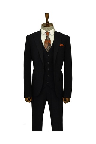 Tek Düğmeli Slim Fit Lacivert Yelekli Erkek Takım Elbise - Wessi Navy Blue